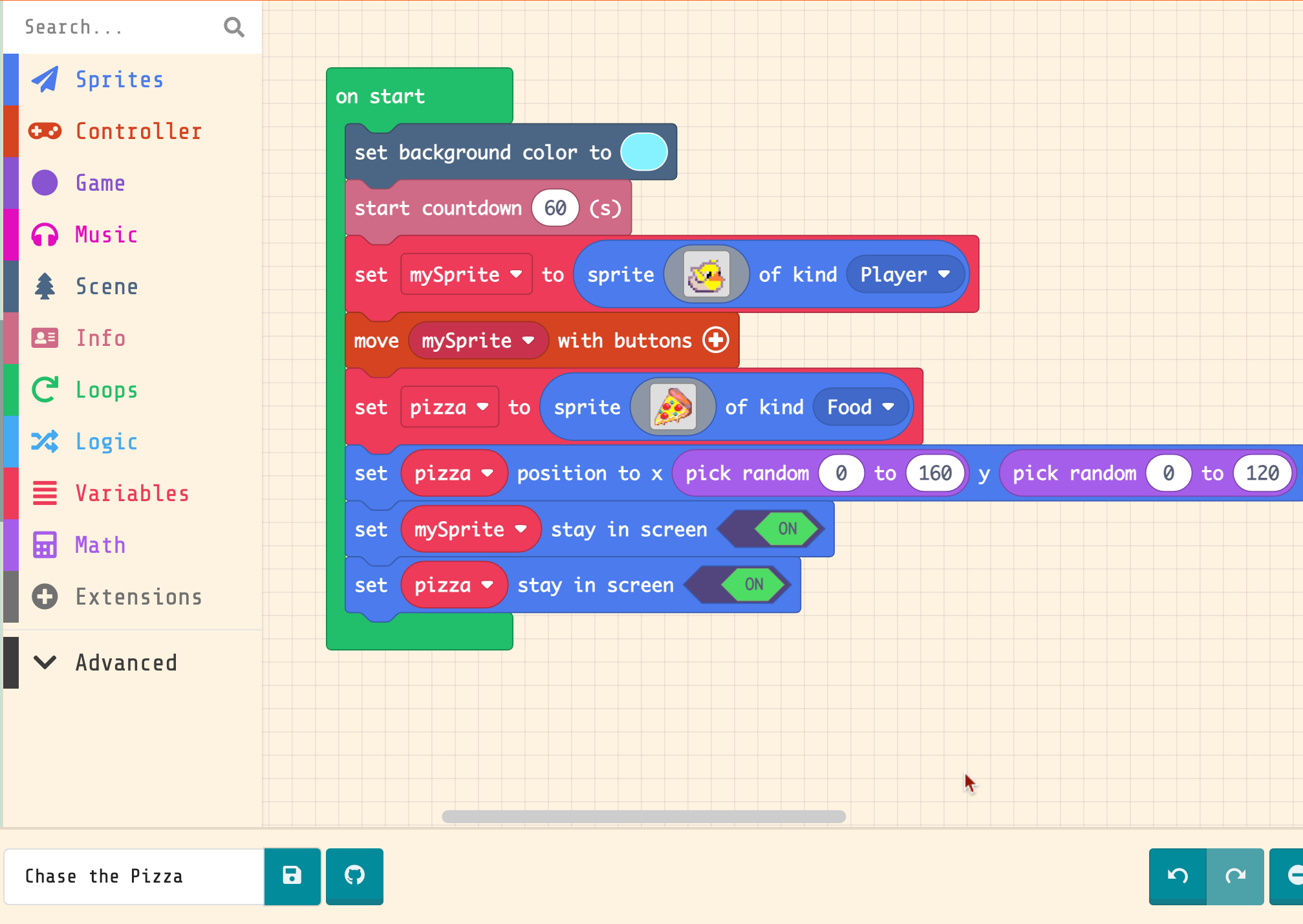 screenshot of the MakeCode Arcade coding platform